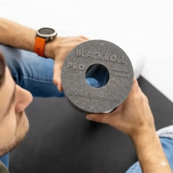 Persona sosteniendo el rodillo Blackroll Pro en primer plano, mostrando el logo grabado