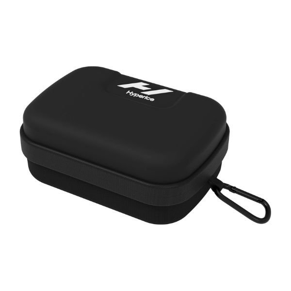 1-21.jpg Estuche rígido negro cerrado con logo Hyperice y correa de mano, vista frontal
