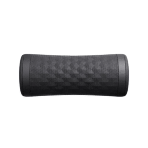 Vista frontal del foam roller Vyper 3 en posición horizontal, mostrando la textura del cilindro y los extremos negros con panel de control a cada lado