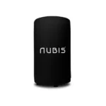 Taburete inflable Nubis Stool negro, cilíndrico, con el logo Nubis en blanco y patas de goma en la base, sobre fondo blanco