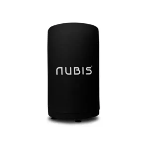 Taburete inflable Nubis Stool negro, cilíndrico, con el logo Nubis en blanco y patas de goma en la base, sobre fondo blanco