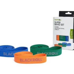 Set Blackroll Super Band con su empaque — 3 bandas naranja, verde y azul visibles