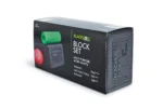 Caja de embalaje del Blackroll Block Set mostrando el rodillo verde y la pelota rosada en el diseño