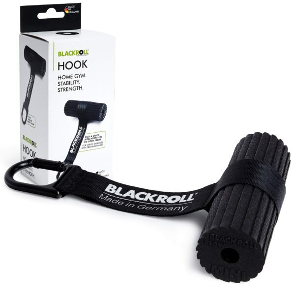 Caja de embalaje del Blackroll Hook con el producto delante, empaque Home Gym Stability Strength, Made in Germany
