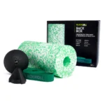 Kit Blackroll Back Box completo: rodillo Med verde/blanco, Ball 12 negra, Trigger negro y Super Band verde, junto a la caja de empaque original con el texto Back Box