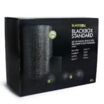 Caja de empaque Blackroll BlackBox Standard, con el texto Set of Fascia Tools for Recovery & Self-Massage 4 in 1 y las palabras Recovery, Flexibility, Variety, Quality