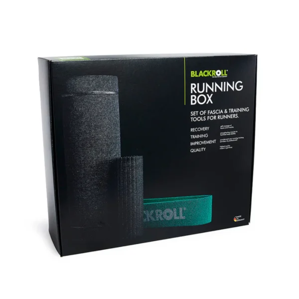 Caja de empaque del kit Blackroll Running Box, con el rodillo Slim y el texto Set of fascia and training tools for runners