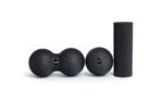 Kit Blackroll BlackBox Mini en negro: Duoball 08, Ball 08 y rodillo Mini, vista frontal sobre fondo blanco
