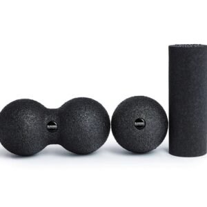 Kit Blackroll BlackBox Mini en negro: Duoball 08, Ball 08 y rodillo Mini, vista frontal sobre fondo blanco