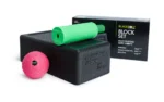 Blackroll Block Set completo: bloque negro, rodillo Mini verde y Ball 08 rosada, junto a la caja del producto