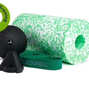 Kit Blackroll Back Box con rodillo Med verde/blanco, Ball 12 negra y Trigger, con ícono superpuesto de acceso a entrenamiento online (Incl. Online Training)