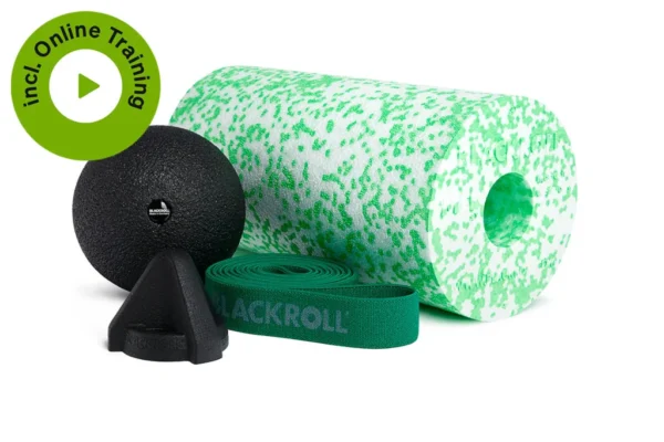 BR_2022-02_BACK-BOX_00920_onlineTraining_WEB Kit Blackroll Back Box con rodillo Med verde/blanco, Ball 12 negra y Trigger, con ícono superpuesto de acceso a entrenamiento online (Incl. Online Training)