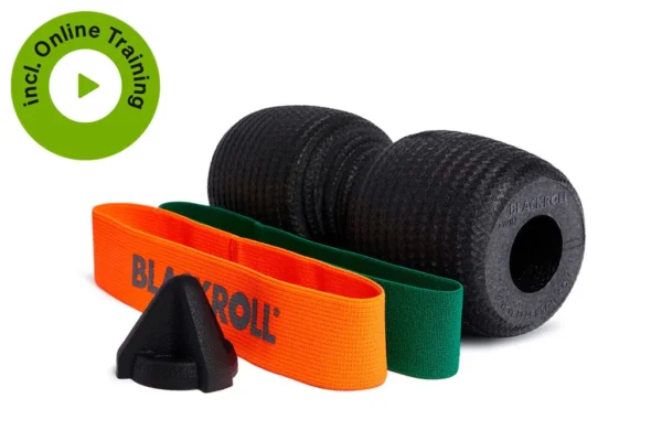 BR_2022-02_KNEE-BOX_00916_onlineTraining_WEB Set Blackroll Knee Box: Twin, Trigger negro y Loop Band naranja y verde, con ícono de Online Training incluido