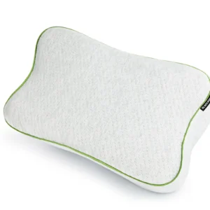 Blackroll Recovery Pillow vista frontal — almohada ergonómica gris claro con ribete verde y forma de mariposa