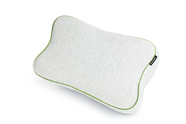 Pillow 0 Blackroll Recovery Pillow vista frontal — almohada ergonómica gris claro con ribete verde y forma de mariposa