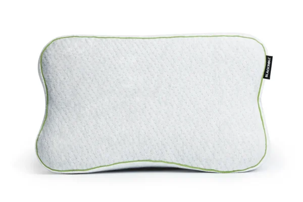 Blackroll Recovery Pillow vista lateral, almohada ergonómica gris claro con ribete verde