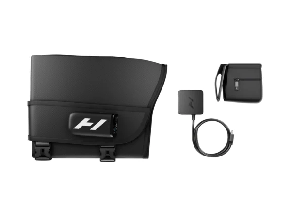 Contenido del kit Normatec Elite Cadera: wearable extendido, cargador con cable y estuche de transporte