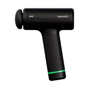 Hypervolt 3 de Hyperice en negro, vista lateral con cabezal redondo, mango tipo pistola y luz LED verde de batería