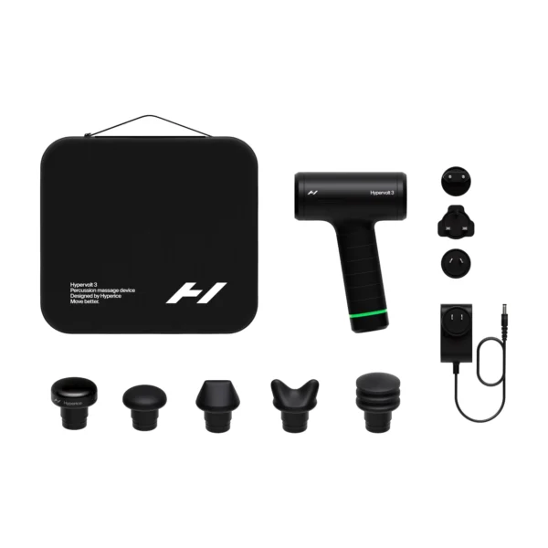 Hypervolt 3 con cabezales, cargador con adaptadores de enchufe internacionales y estuche premium