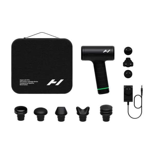 Hypervolt 3 Pro con sus 5 cabezales intercambiables, cargador con adaptadores y estuche de transporte