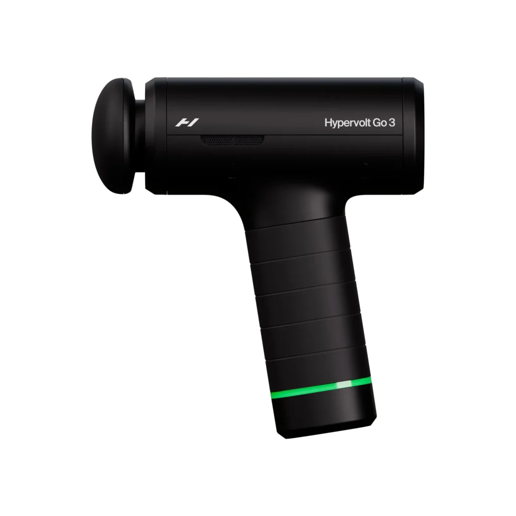 Hypervolt Go 3 de Hyperice en negro, vista lateral con cabezal redondo y mango compacto
