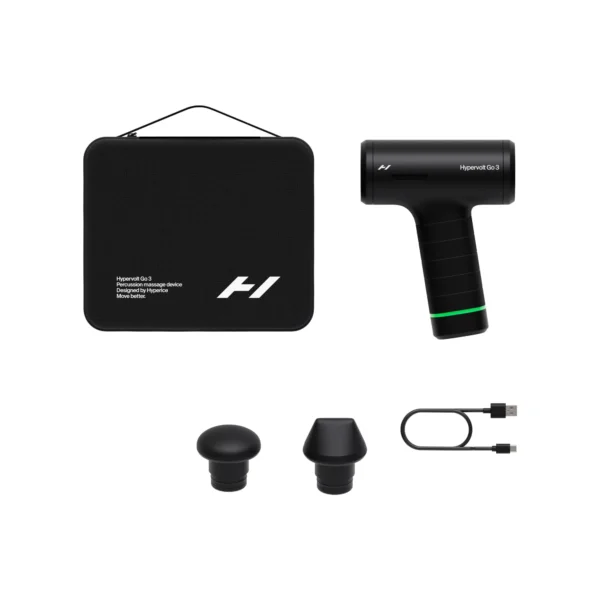 Hypervolt Go 3 con 2 cabezales intercambiables, cable de carga USB-C y estuche de transporte