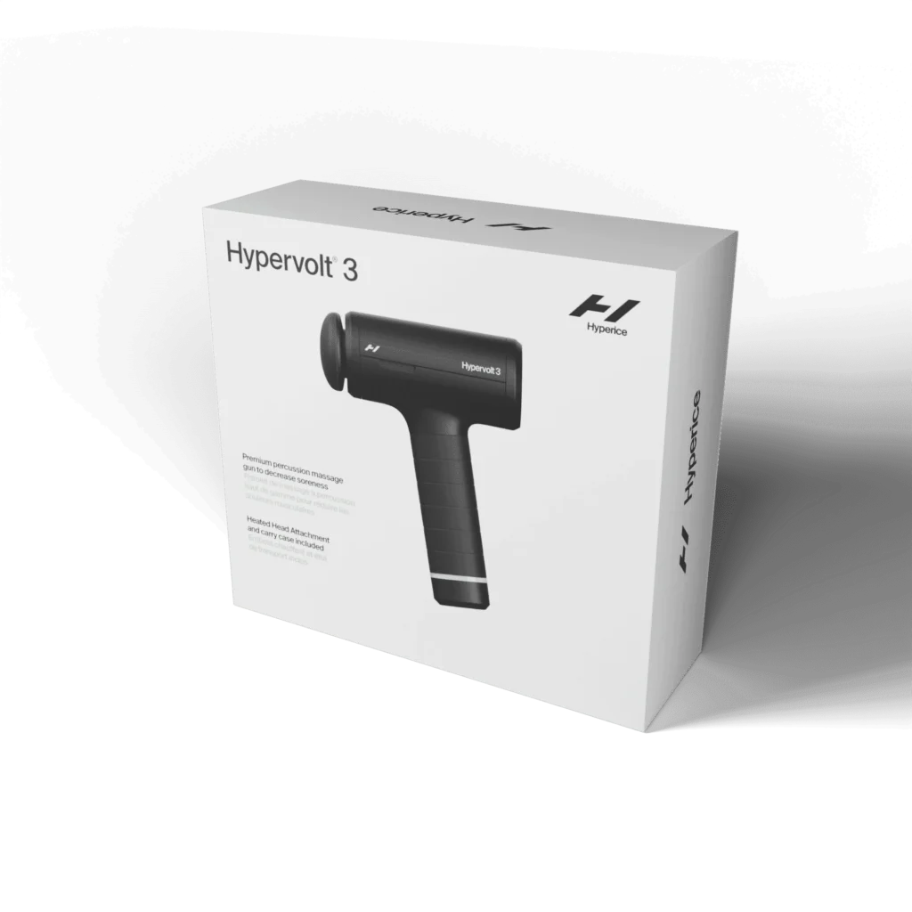 Caja de Hypervolt 3, pistola de masaje de percusión Hyperice con cabezal calefactado y estuche incluidos