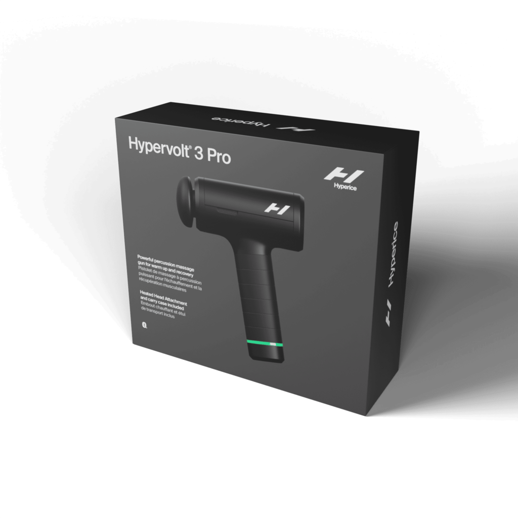 Caja de Hypervolt 3 Pro, pistola de masaje de percusión profesional Hyperice con cabezal calefactado y estuche incluidos