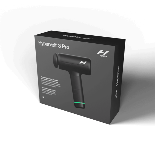 Caja de Hypervolt 3 Pro, pistola de masaje de percusión profesional Hyperice con cabezal calefactado y estuche incluidos