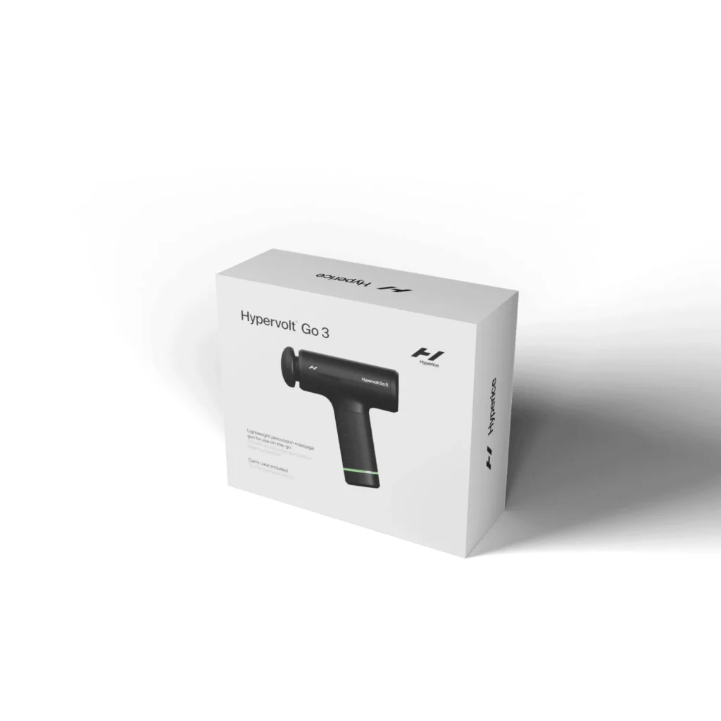 Caja de Hypervolt Go 3, pistola de masaje de percusión portátil Hyperice con estuche de transporte incluido